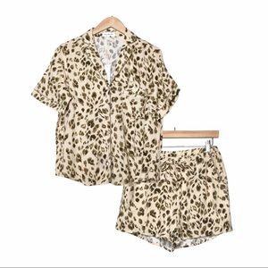 Heartloom Khaki Leopard Matching Set Relaxed Mini Shorts & Button-Down Top Small